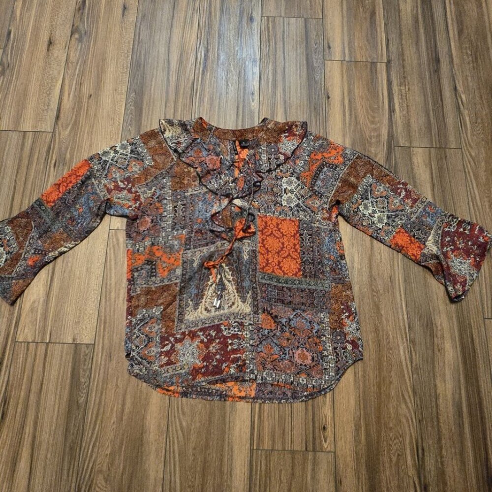 New Directions XL Boho Patchwork‎ Lace Up Ruffle Blouse Orange Brown Paisley